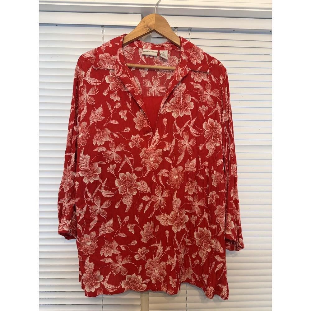 Jaclyn Smith Red Floral Pull Over Tunic Top Womens 1X Crinkle 3/4 Sleeve